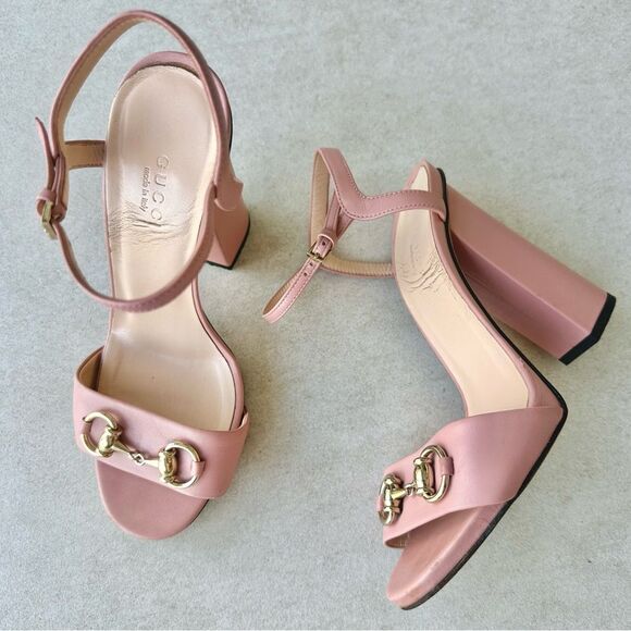 Gucci Shoes - Gucci Pink Leather Horsebit Block Heel Ankle Strap Sandals Size 36.5